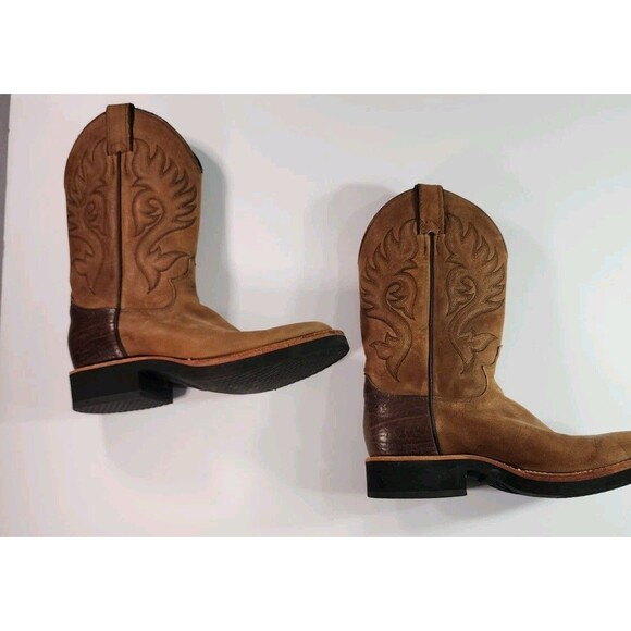 Size 14 Justin Boots Men’s Brown Leather Western Cowboy Boots Embroidered Square main image 2